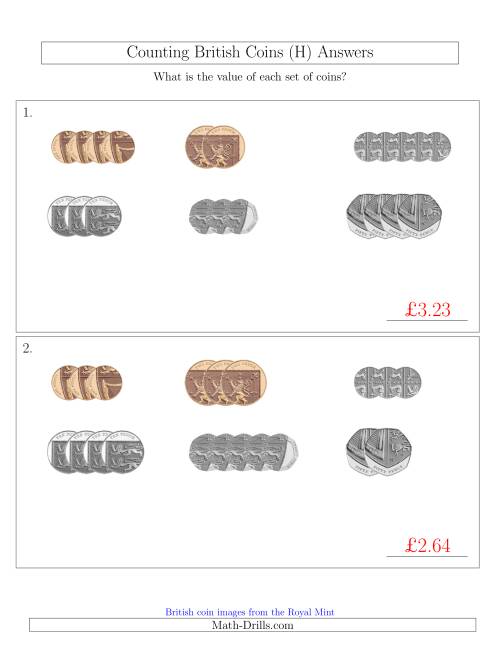 The Counting Small Collections of British Coins (No Pound Coins) (H) Math Worksheet Page 2