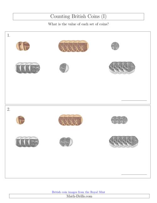 The Counting Small Collections of British Coins (No Pound Coins) (I) Math Worksheet