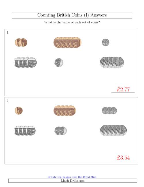 The Counting Small Collections of British Coins (No Pound Coins) (I) Math Worksheet Page 2