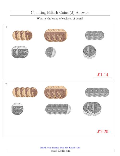 The Counting Small Collections of British Coins (No Pound Coins) (J) Math Worksheet Page 2