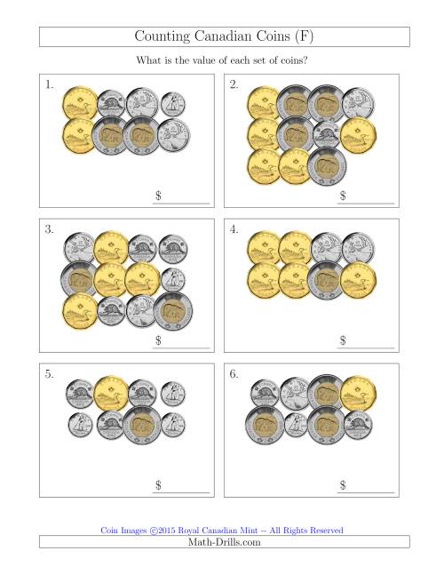 The Counting Canadian Coins (F) Math Worksheet