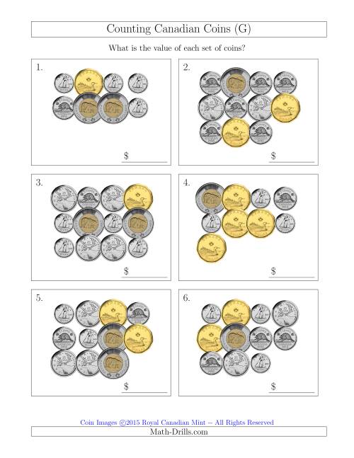 The Counting Canadian Coins (G) Math Worksheet