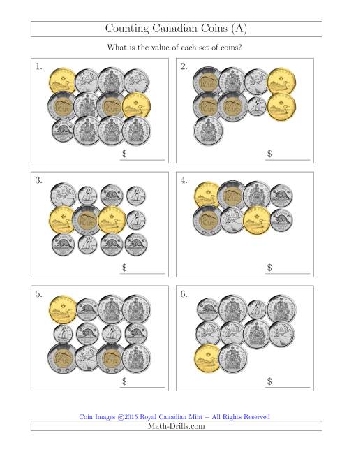 The Counting Canadian Coins Including 50 Cent Pieces (A) Math Worksheet