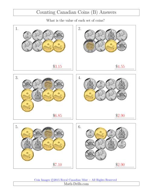 The Counting Canadian Coins Including 50 Cent Pieces (B) Math Worksheet Page 2