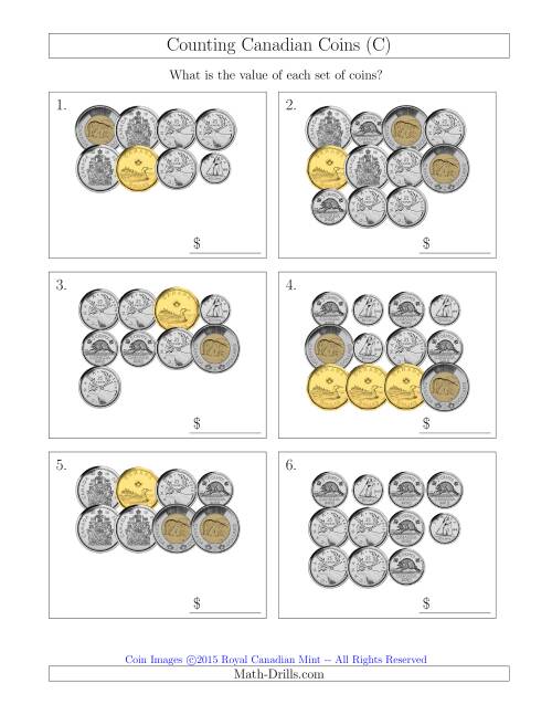 The Counting Canadian Coins Including 50 Cent Pieces (C) Math Worksheet