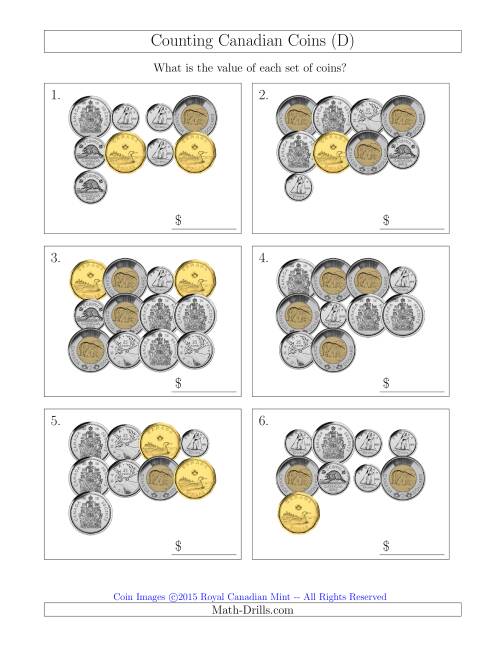 The Counting Canadian Coins Including 50 Cent Pieces (D) Math Worksheet