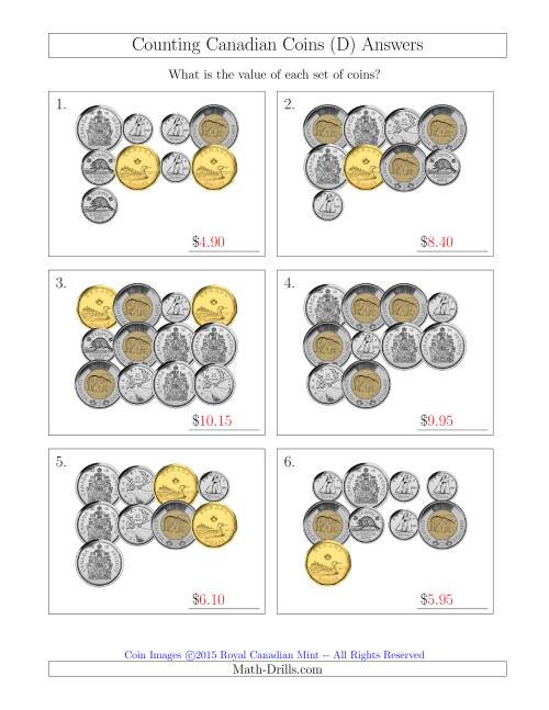 The Counting Canadian Coins Including 50 Cent Pieces (D) Math Worksheet Page 2