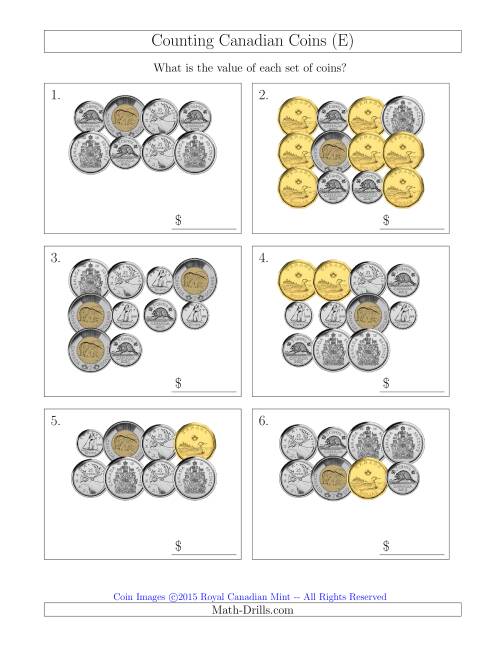 The Counting Canadian Coins Including 50 Cent Pieces (E) Math Worksheet