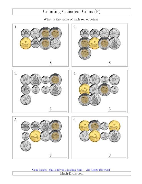 The Counting Canadian Coins Including 50 Cent Pieces (F) Math Worksheet