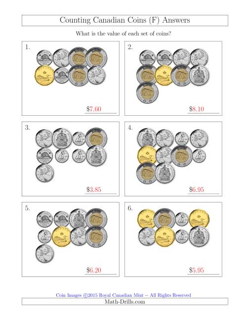 The Counting Canadian Coins Including 50 Cent Pieces (F) Math Worksheet Page 2