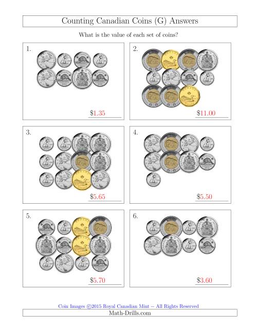 The Counting Canadian Coins Including 50 Cent Pieces (G) Math Worksheet Page 2