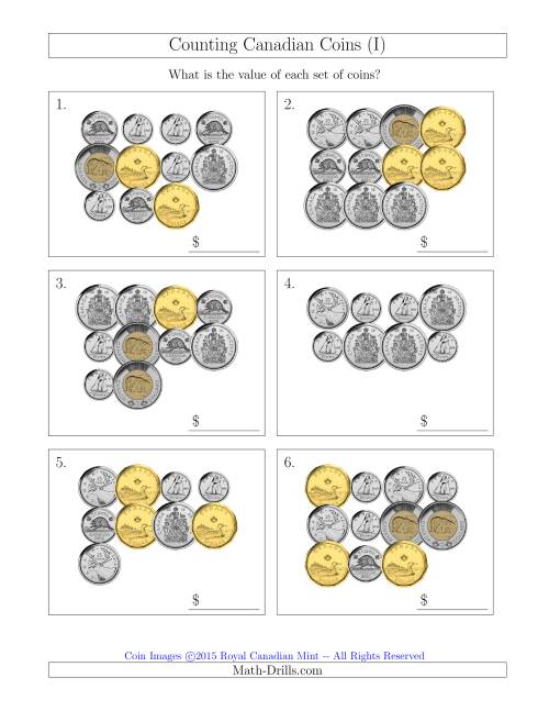 The Counting Canadian Coins Including 50 Cent Pieces (I) Math Worksheet