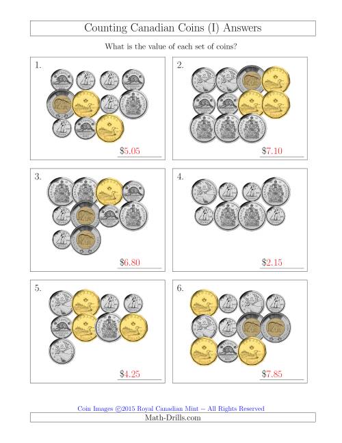 The Counting Canadian Coins Including 50 Cent Pieces (I) Math Worksheet Page 2