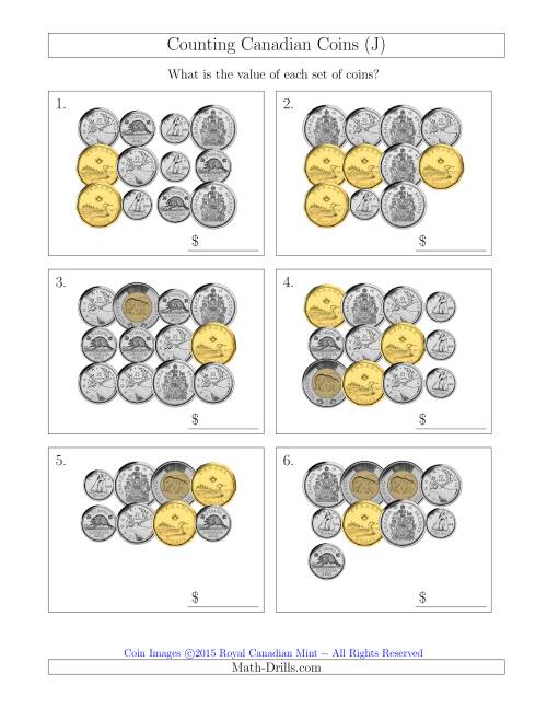 The Counting Canadian Coins Including 50 Cent Pieces (J) Math Worksheet