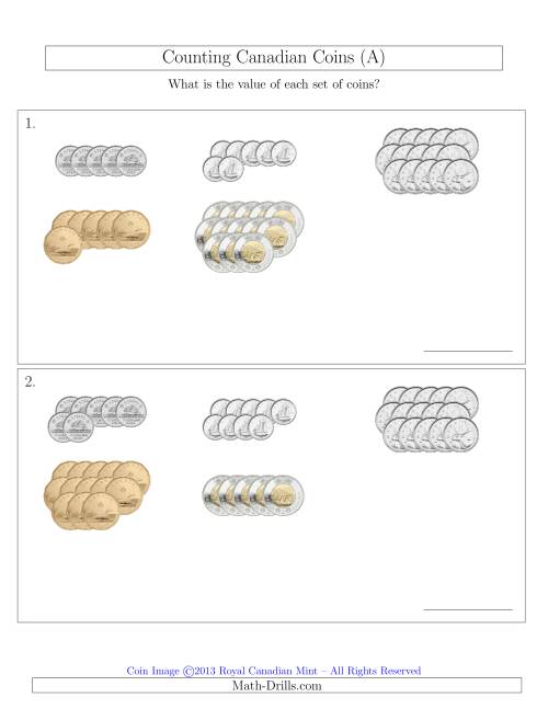 The Counting Canadian Coins Sorted Version (A) Math Worksheet
