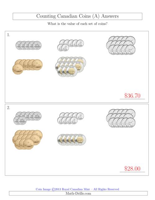 The Counting Canadian Coins Sorted Version (A) Math Worksheet Page 2
