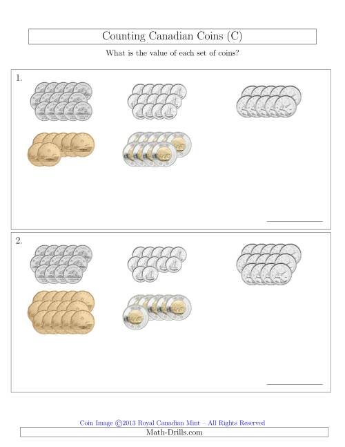 The Counting Canadian Coins Sorted Version (C) Math Worksheet