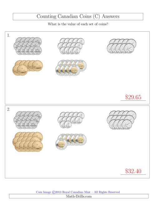 The Counting Canadian Coins Sorted Version (C) Math Worksheet Page 2