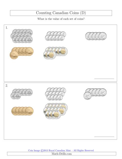 The Counting Canadian Coins Sorted Version (D) Math Worksheet