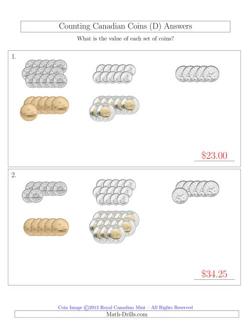The Counting Canadian Coins Sorted Version (D) Math Worksheet Page 2