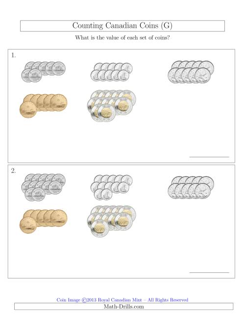 The Counting Canadian Coins Sorted Version (G) Math Worksheet