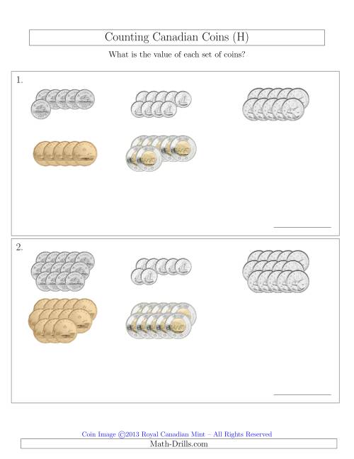 The Counting Canadian Coins Sorted Version (H) Math Worksheet