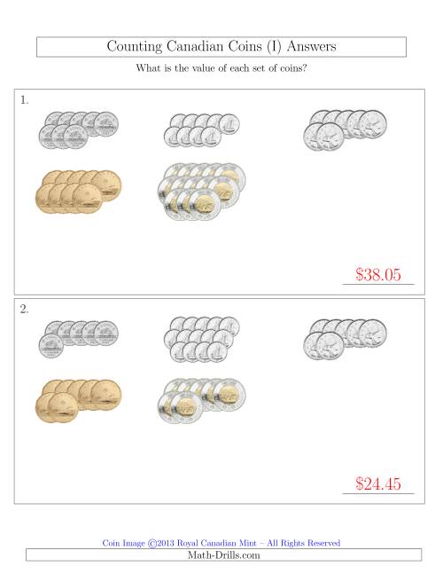 The Counting Canadian Coins Sorted Version (I) Math Worksheet Page 2