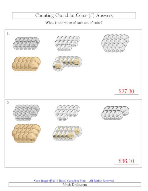 The Counting Canadian Coins Sorted Version (J) Math Worksheet Page 2
