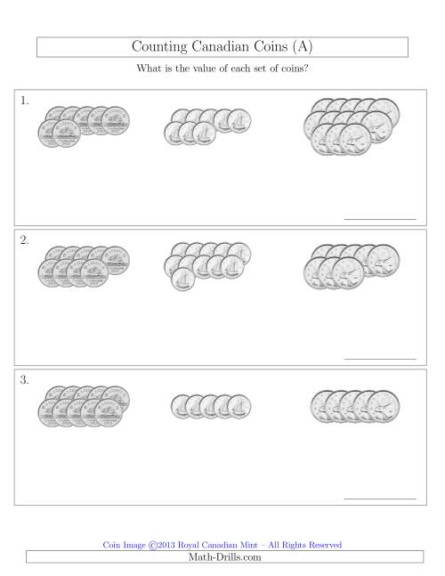 The Counting Canadian Coins Sorted Version (No Dollar Coins) (A) Math Worksheet
