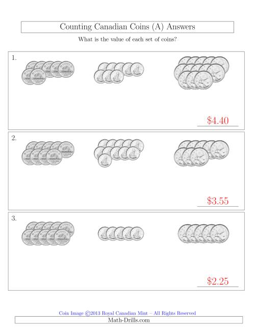 The Counting Canadian Coins Sorted Version (No Dollar Coins) (A) Math Worksheet Page 2