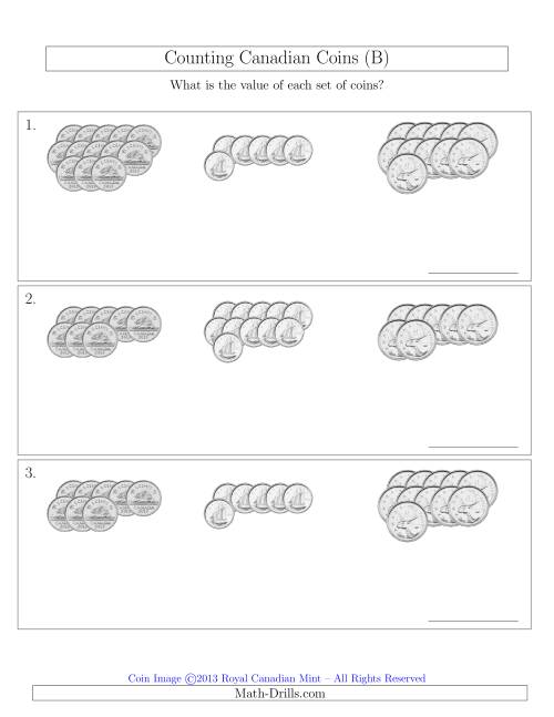 The Counting Canadian Coins Sorted Version (No Dollar Coins) (B) Math Worksheet