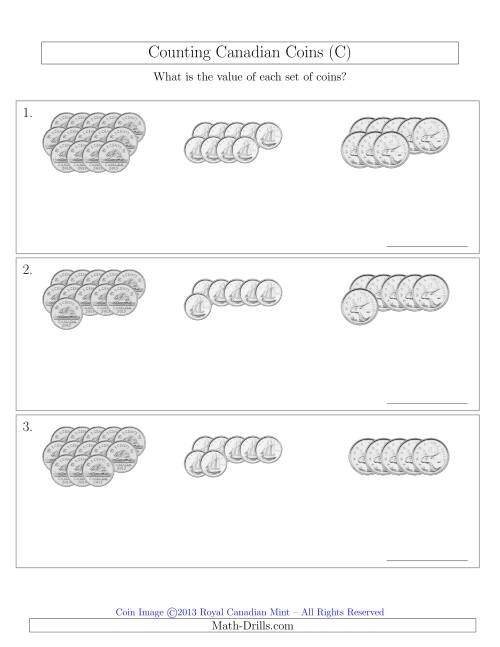 The Counting Canadian Coins Sorted Version (No Dollar Coins) (C) Math Worksheet