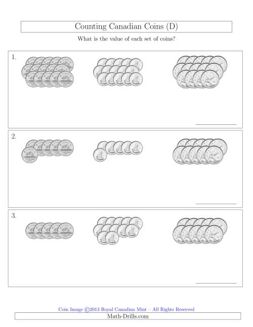 The Counting Canadian Coins Sorted Version (No Dollar Coins) (D) Math Worksheet