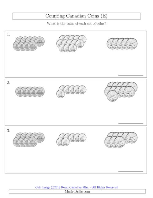 The Counting Canadian Coins Sorted Version (No Dollar Coins) (E) Math Worksheet