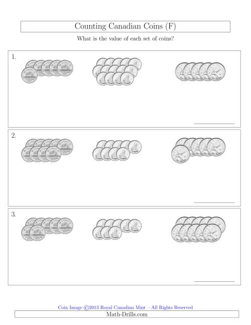 The Counting Canadian Coins Sorted Version (No Dollar Coins) (F) Math Worksheet