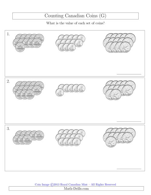 The Counting Canadian Coins Sorted Version (No Dollar Coins) (G) Math Worksheet