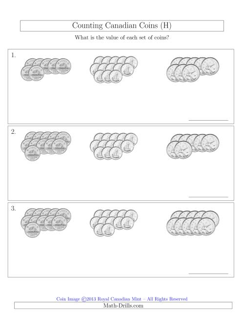 The Counting Canadian Coins Sorted Version (No Dollar Coins) (H) Math Worksheet