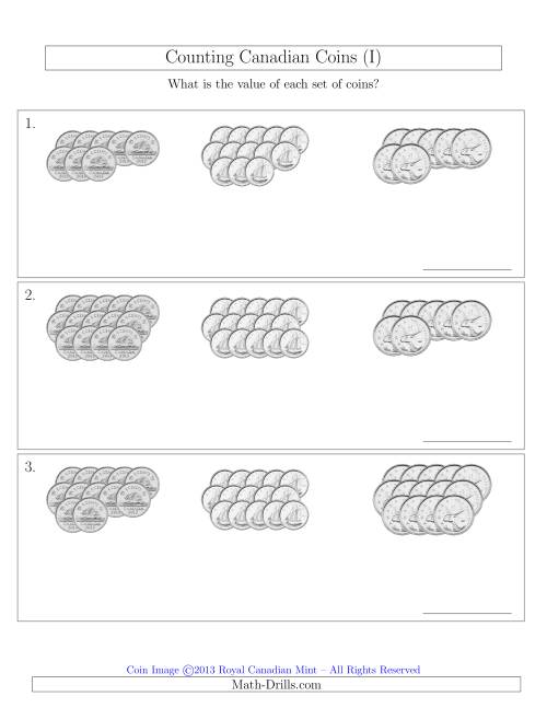 The Counting Canadian Coins Sorted Version (No Dollar Coins) (I) Math Worksheet