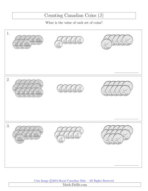 The Counting Canadian Coins Sorted Version (No Dollar Coins) (J) Math Worksheet