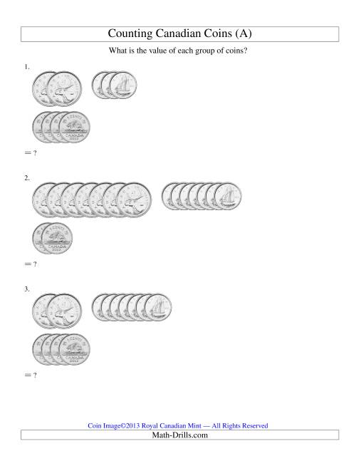 The Counting Canadian Coins Sorted Version (No Dollar Coins) (Old) Math Worksheet