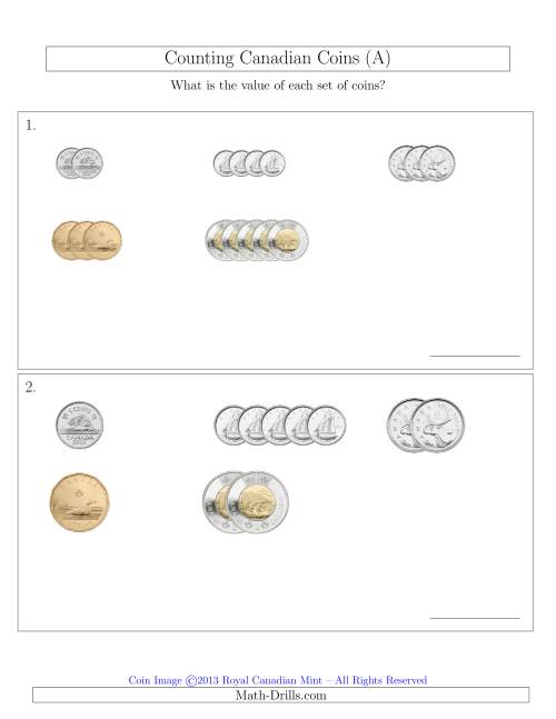 The Counting Small Collections of Canadian Coins Sorted Version (A) Math Worksheet