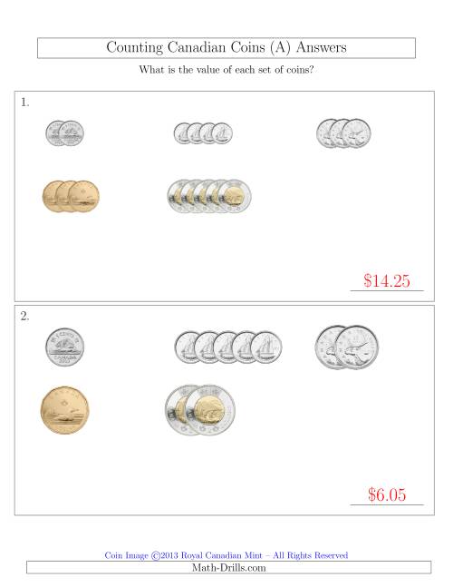 The Counting Small Collections of Canadian Coins Sorted Version (A) Math Worksheet Page 2