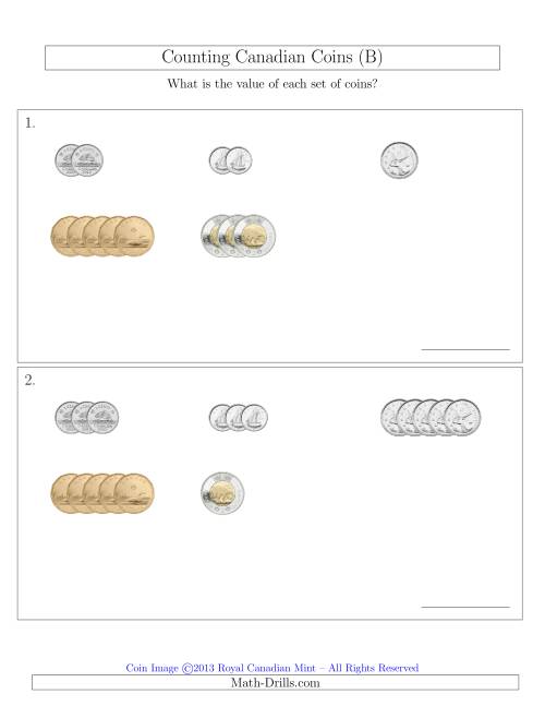 The Counting Small Collections of Canadian Coins Sorted Version (B) Math Worksheet