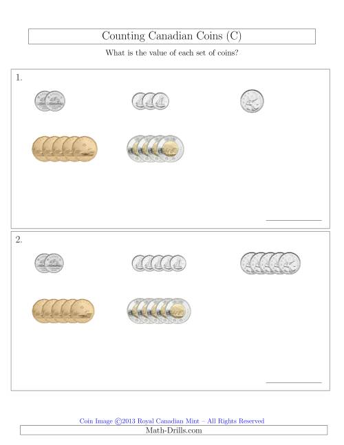 The Counting Small Collections of Canadian Coins Sorted Version (C) Math Worksheet