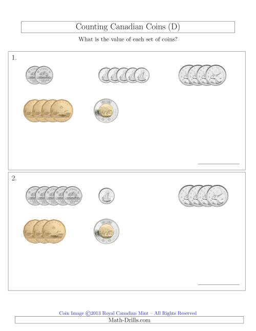 The Counting Small Collections of Canadian Coins Sorted Version (D) Math Worksheet