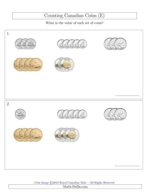 The Counting Small Collections of Canadian Coins Sorted Version (E) Math Worksheet