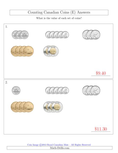 The Counting Small Collections of Canadian Coins Sorted Version (E) Math Worksheet Page 2