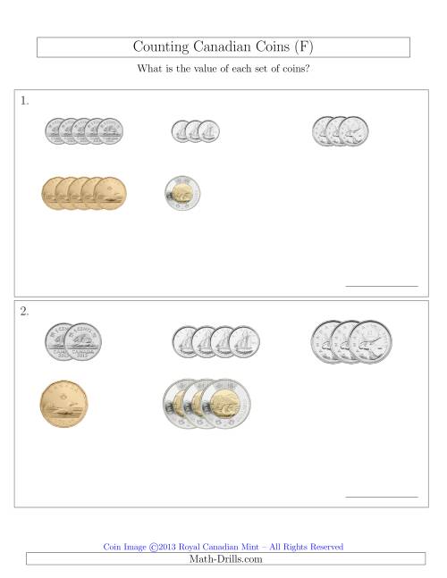The Counting Small Collections of Canadian Coins Sorted Version (F) Math Worksheet