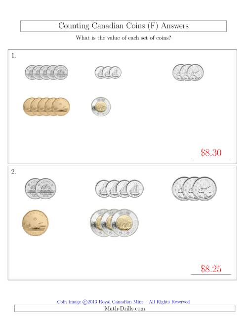 The Counting Small Collections of Canadian Coins Sorted Version (F) Math Worksheet Page 2
