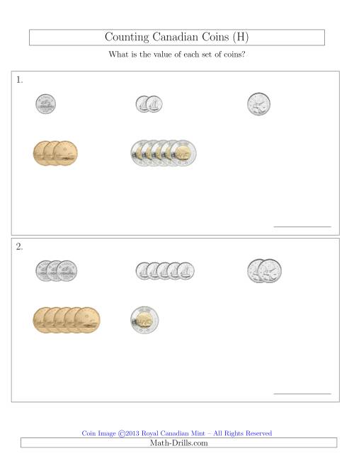 The Counting Small Collections of Canadian Coins Sorted Version (H) Math Worksheet